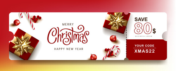 Merry Christmas Gift promotion Coupon banner with festive decoration