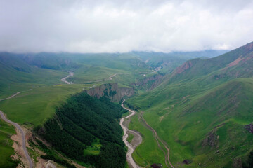 A wonderful mountain road with a serpentine in the North Caucasus from the Narzan Valley to Dzhily-Su, Russia.