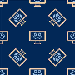 Line Happy Halloween holiday icon isolated seamless pattern on blue background. Vector