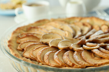 Concept of tasty food with apple pie on textured background