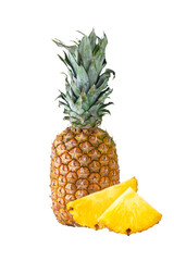 Fresh pineapple with cut pieces isolated on white background.