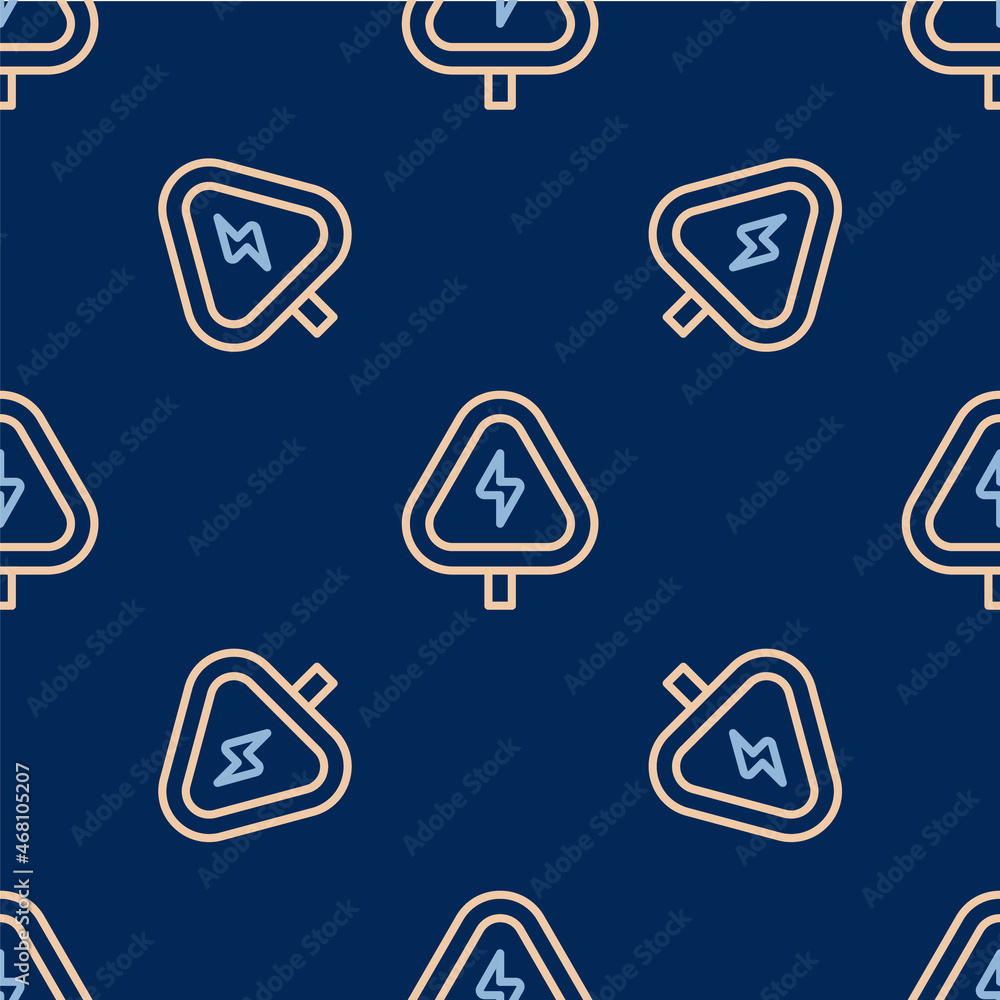 Poster line high voltage sign icon isolated seamless pattern on blue background. danger symbol. arrow in tr
