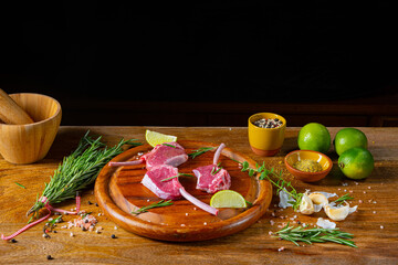 Raw Fresh Lamb Chops Wooden Cutting Board