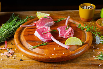Raw Fresh Lamb Chops Wooden Cutting Board