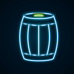 Glowing neon line Wooden barrel icon isolated on black background. Alcohol barrel, drink container, wooden keg for beer, whiskey, wine. Colorful outline concept. Vector