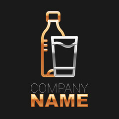 Line Bottle of water with glass icon isolated on black background. Soda aqua drink sign. Colorful outline concept. Vector