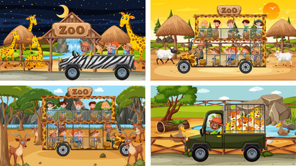 Obraz na płótnie Canvas Set of different safari scenes with animals and kids cartoon character