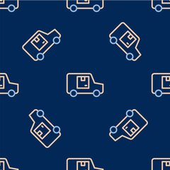 Fototapeta na wymiar Line Delivery cargo truck vehicle icon isolated seamless pattern on blue background. Vector