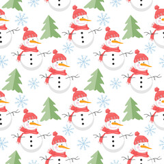 Christmas background with snowman,snowflake, tree. Seamless pattern. Vector graphics