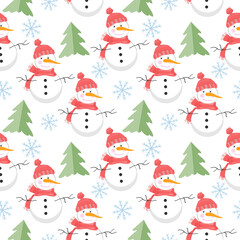 Christmas background with snowman,snowflake, tree. Seamless pattern. Vector graphics