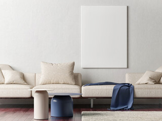 Living room with retro furniture and mock-up poster for product presentation, 3d render, 3d illustration.