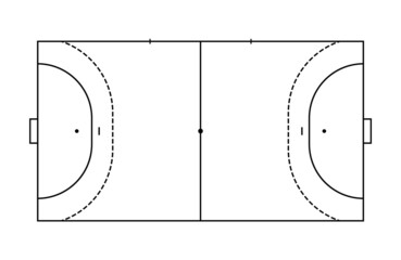 Handball field. Court, pitch and stadium for handball. White background with lines for sport game. Field for plan, player and championship. Outline texture. Vector