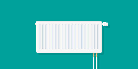 Heater radiator at home. Central heater radiator on wall of room with thermostat, valve and pipe. Heat system in house. Iron heating equipment in front. Icon for cost of energy for warm. Vector - obrazy, fototapety, plakaty
