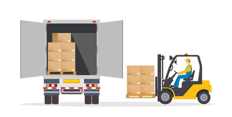 Man on forklift make loading to truck. Lorry on warehouse gets goods on pallet. Logistic illustration. Icon of lorry, fork lift, driver and cargo for delivery service. Flat icon. Vector - obrazy, fototapety, plakaty