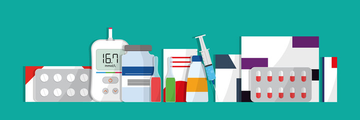 Pharmacy medication. Drug in bottle, container, pill and syringe. Prescription from hospital to pharmacy. Banner for medicine and pharmaceutical. Icon of drugstore for health and cure. Vector