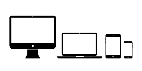 Tablet, computer, laptop and phone icon. Digital device with screen, internet and app. Pictogram of smartphone, pc and tablet on desktop. Black electronic devices for data. Vector