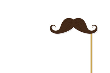 Mustach on stick. Paper moustache for carnival. Flat cartoon mustache for party. Fake mustach with stick for fathers day isolated on white background. Comedy cardboard moustache. Vector