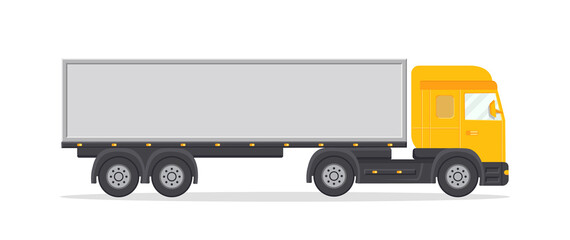 Truck for cargo delivery. Lorry in side view. Long articulated trailer with car for heavy cargo. Flat icon of vehicle with container for moving goods. Mockup of truck with engine, wheel, door. Vector