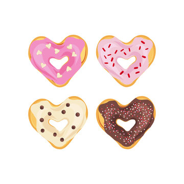 Heart shaped donuts vector clip art set isolated on white. Valentines day sweets illustration collection. Sweet treats graphic elements for romantic design
