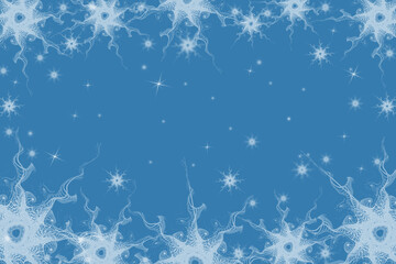 Fractal white snowflakes and lens flares. Abstract illustration on a blue background. Use for posters, cards, backgrounds, covers, web