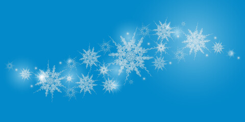 Fototapeta na wymiar Banner with winter illustration on a blue background. Fractal white snowflakes, stars and bokeh. Use for posters, cards, backgrounds, covers, web