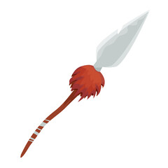 Primitive african spear, traditional weapon with decorations in cartoon style isolated on white background. Wooden stick and iron steal.