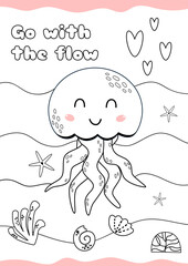 Easy coloring page jellyfish.. Underwater cute animal coloring page for kids, for children. Kids game, child activity. Sea coloring book. Ocean page be colored. Funny jellyfish. Vector illustration.