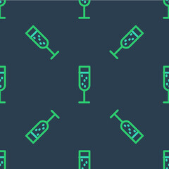 Line Glass of champagne icon isolated seamless pattern on blue background. Vector