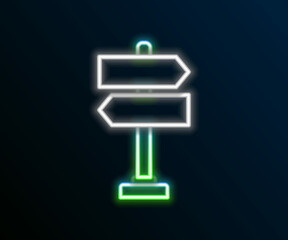 Glowing neon line Road traffic sign. Signpost icon isolated on black background. Pointer symbol. Isolated street information sign. Direction sign. Colorful outline concept. Vector