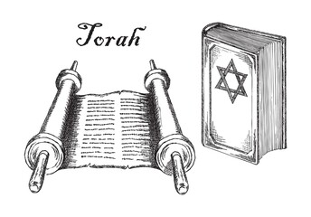 Torah scroll, Judaism religion Holy book. Ancient Jewish Bible sacred texts, holy scriptures, sketch vector illustration