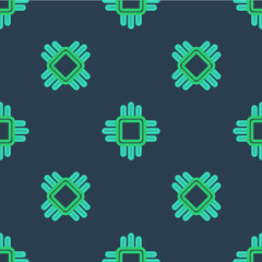 Line Computer processor with microcircuits CPU icon isolated seamless pattern on blue background. Chip or cpu with circuit board. Micro processor. Vector