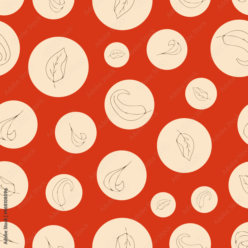 Poster retro colors red and off white dots and brown outline leafs with texture repeat pattern print backgr
