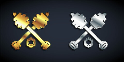 Gold and silver Honey dipper stick icon isolated on black background. Honey ladle. Long shadow style. Vector