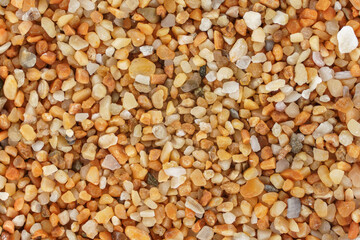Sea sand (Ghajn Tuffieha beach, Malta) with reddish orange particles few ocean shell remains visible. Microscope photo, image width 9mm