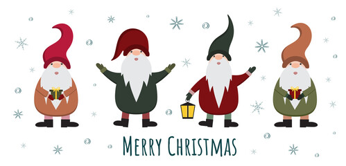 Cute funny cartoon gnomes in hats isolated on white background. Merry Christmas and Happy New year greeting card with gnomes. Nordic, scandinavian Christmas. Winter holiday illustration.