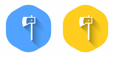 White Wooden axe icon isolated with long shadow background. Lumberjack axe. Circle button. Vector