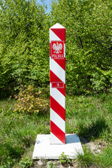 Red and white border post, Bieszczady Mountains, Poland