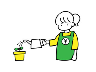 金のなる木を育てるエプロンをした女性のシンプルでおしゃれな線画イラスト