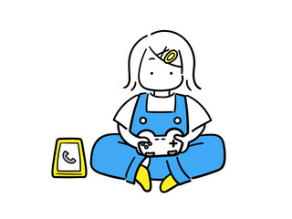 通話しながらゲームを楽しむおしゃれでシンプルな女の子の線画イラスト