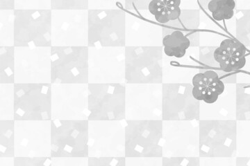 梅の花と市松模様の背景　横位置　ホワイト