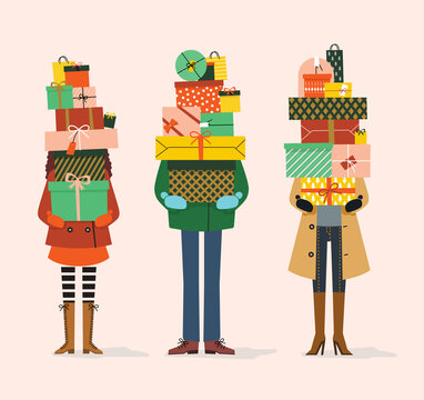 People with Pile of Gifts in hands. Vector illustration