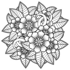 mehndi flower, decorative ornament in ethnic oriental style, doodle ornament, outline hand draw. coloring book page.