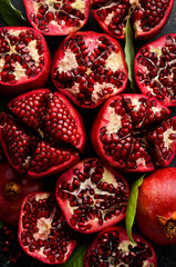 Juicy red pomegranate. Macro photo. Top view.
