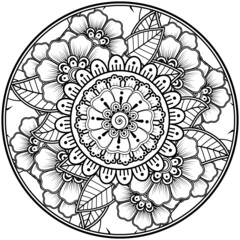 Outline round flower pattern in mehndi style for henna mehndi tattoo decoration.