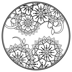 Outline round flower pattern in mehndi style for henna mehndi tattoo decoration.