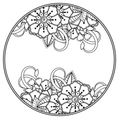 Outline round flower pattern in mehndi style for henna mehndi tattoo decoration.