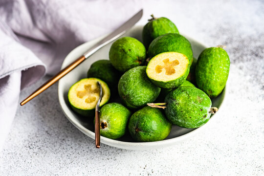 Bowl of ripe organic feijoa fruits