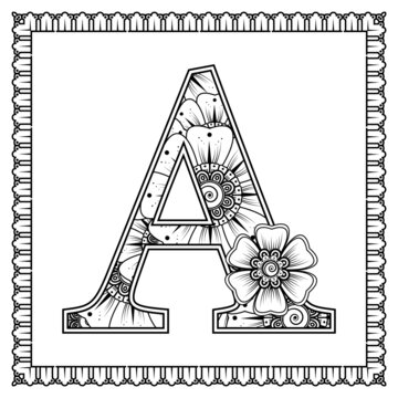 Letter A made of flowers in mehndi style. coloring book page. outline hand-draw vector illustration.