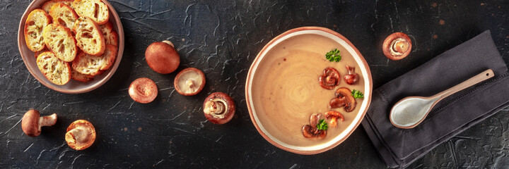 Mushroom cream soup panorama with various mushrooms and toasted bread, overhead flat lay shot with a rustic spoon