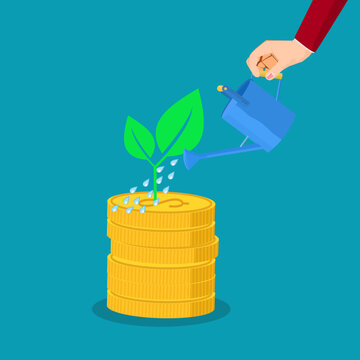 Businessman planting trees and piles of coins . Ideas to make money grow. vector illustration.